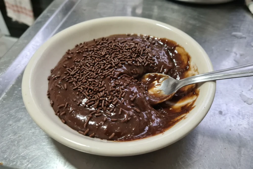 Brigadeiro de panela cremoso de chocolate servido em uma tigela, com granulado de chocolate por cima.