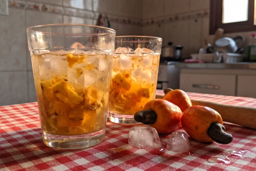 Caipirinha de caju com pedaços da fruta fresca, gelo e cachaça, servida em copo de vidro decorado com caju