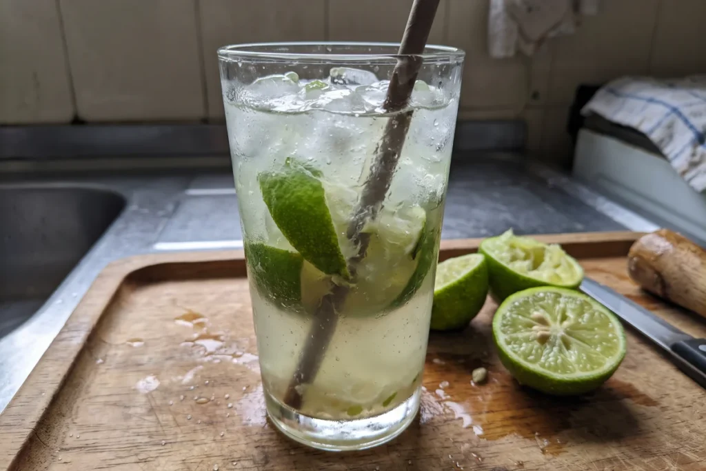 Copo baixo com caipirinha de limão tradicional com pedras de gelo e fatias da fruta