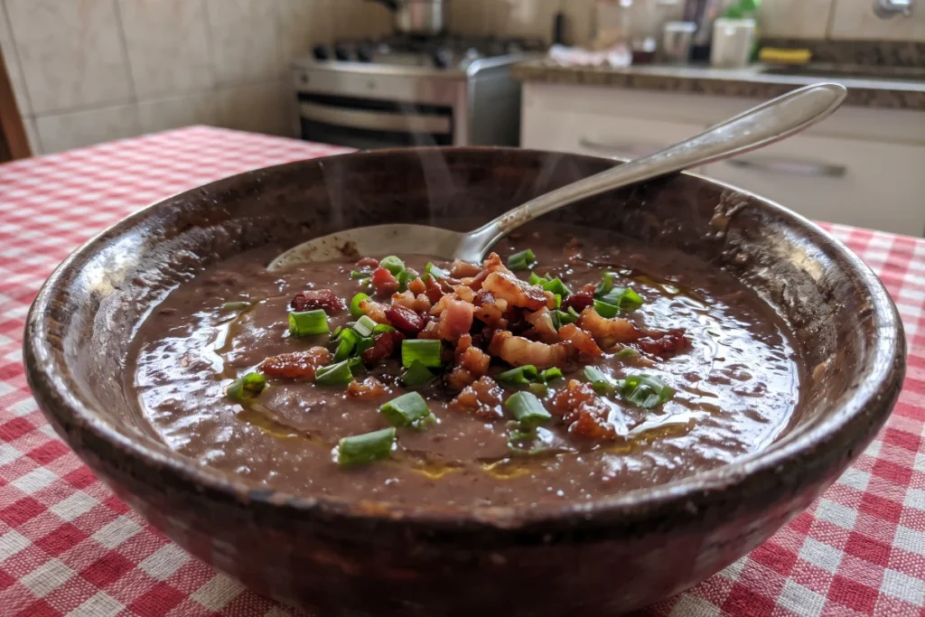 Caldo de feijão com bacon cremoso, temperado com alho, cebola e cheiro-verde, servido quente em uma tigela.
