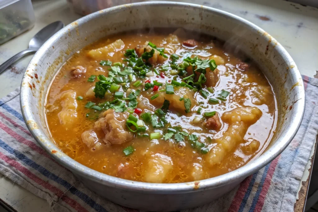 Caldo de mocotó caseiro, encorpado e fumegante, servido com cheiro-verde, alho e pimenta em uma tigela.