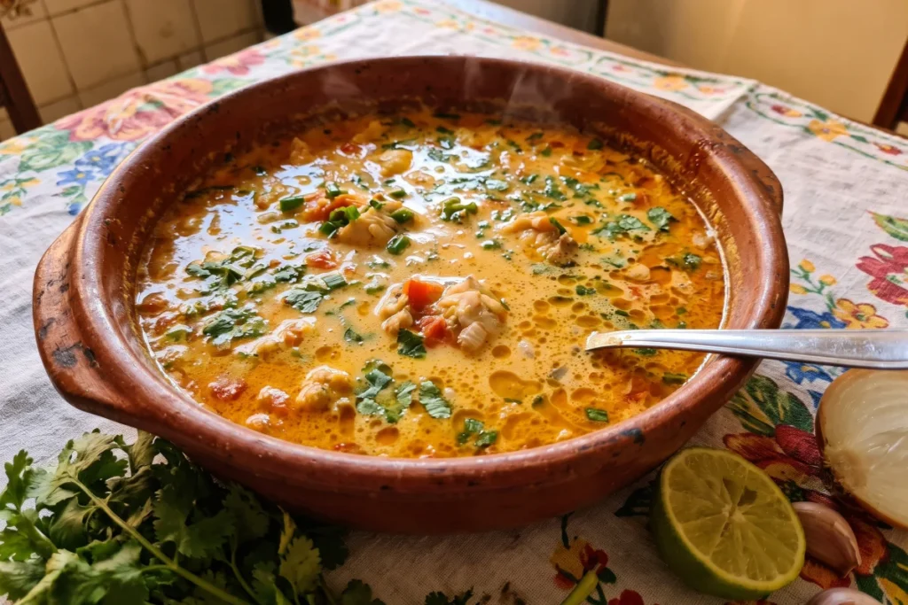 Caldo de peixe com coco cremoso, com pedaços de peixe, leite de coco, tomate, pimentão e cheiro-verde.