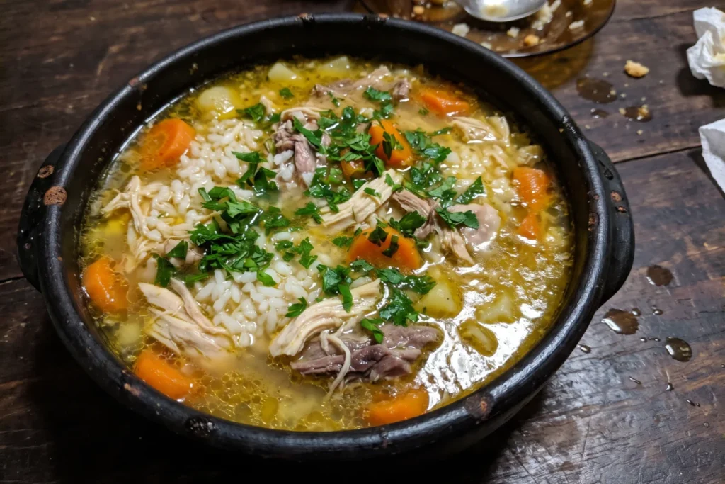 Canja de galinha caseira com frango desfiado, arroz, cenoura e cheiro-verde em uma tigela.