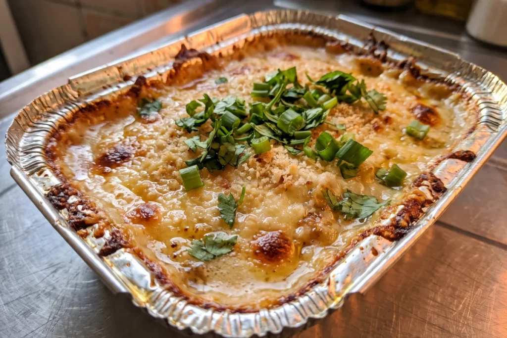 Casquinha de siri cremosa com carne de siri temperada, farofa dourada e queijo gratinado por cima.