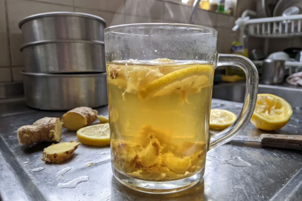 Xícara fumegante de chá de gengibre com limão fresco fatiado e pedaços de raiz sobre mesa de madeira rústica