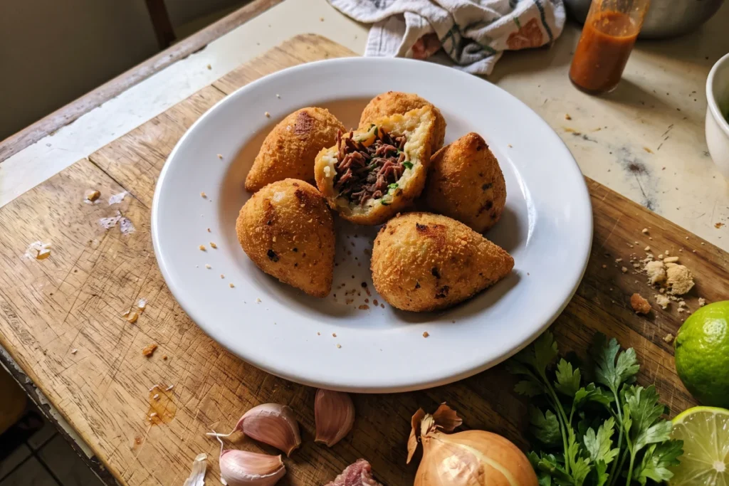 Coxinha de carne seca crocante e suculenta, feita em casa