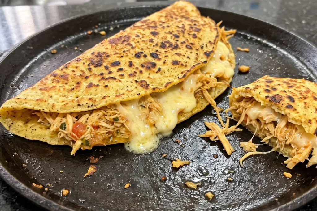 Crepioca de frango recheada com frango desfiado e queijo, dourada na frigideira e servida em um prato.