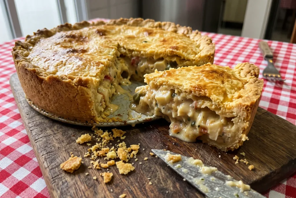 Empadão de palmito com massa dourada e crocante, recheio cremoso e pedaço cortado mostrando o interior.