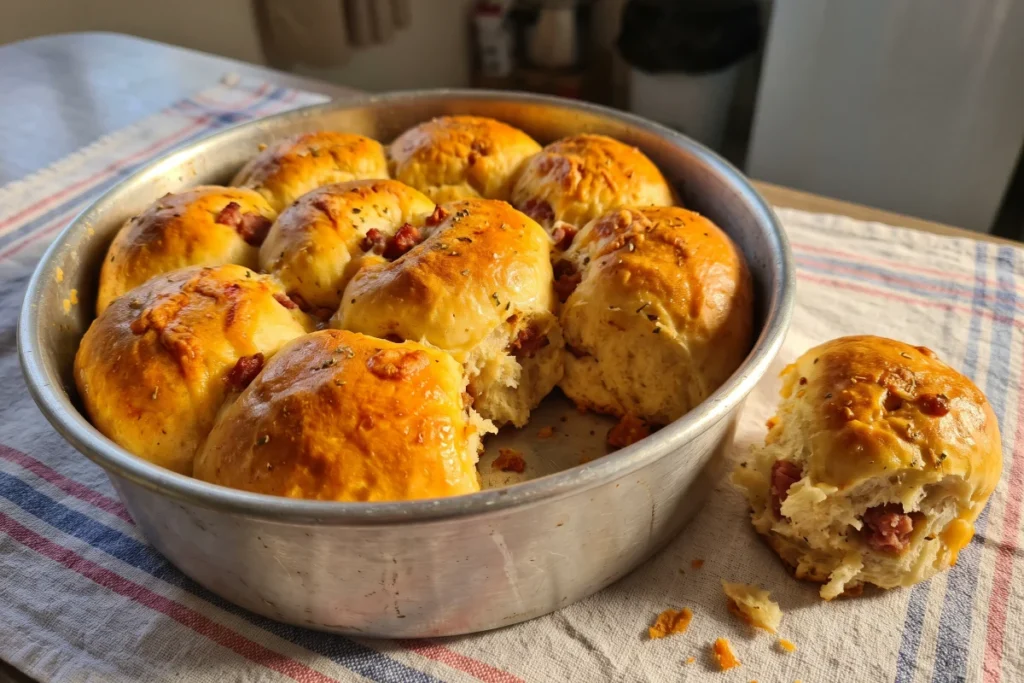 Enroladinho de salsicha assado com massa dourada, fofinha e recheio suculento, ideal para o lanche da tarde.
