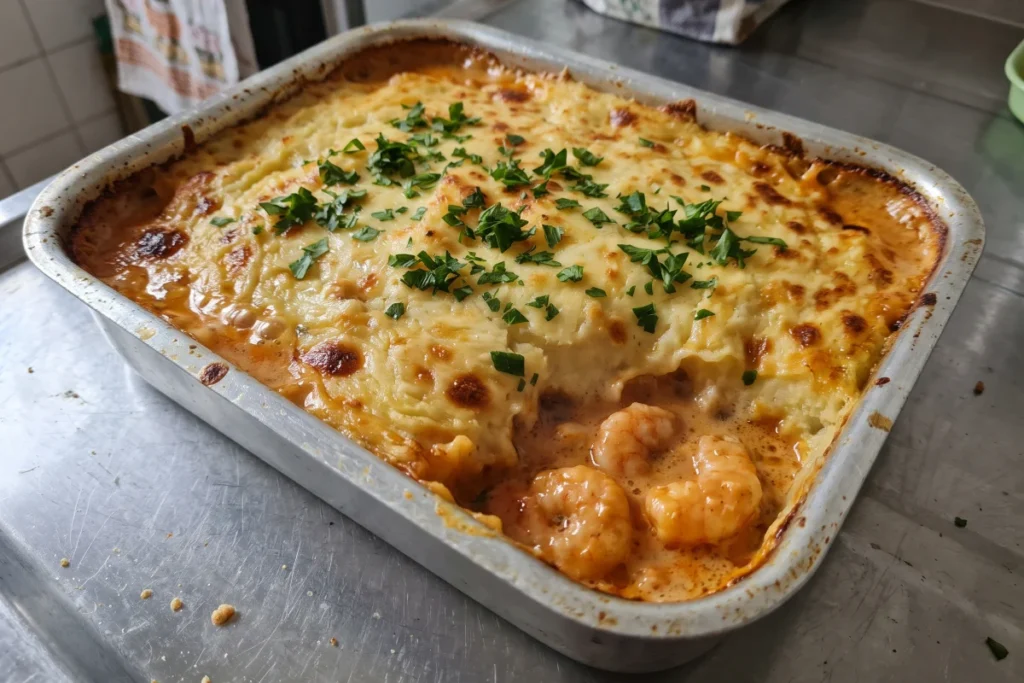 Escondidinho de camarão com purê de mandioca, recheio cremoso e queijo dourado gratinado no forno