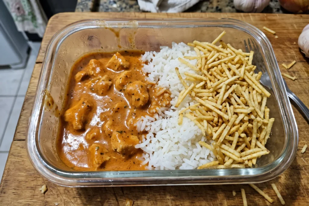 Estrogonofe de frango cremoso com molho de tomate, creme de leite e champignon, servido com arroz branco e batata palha.