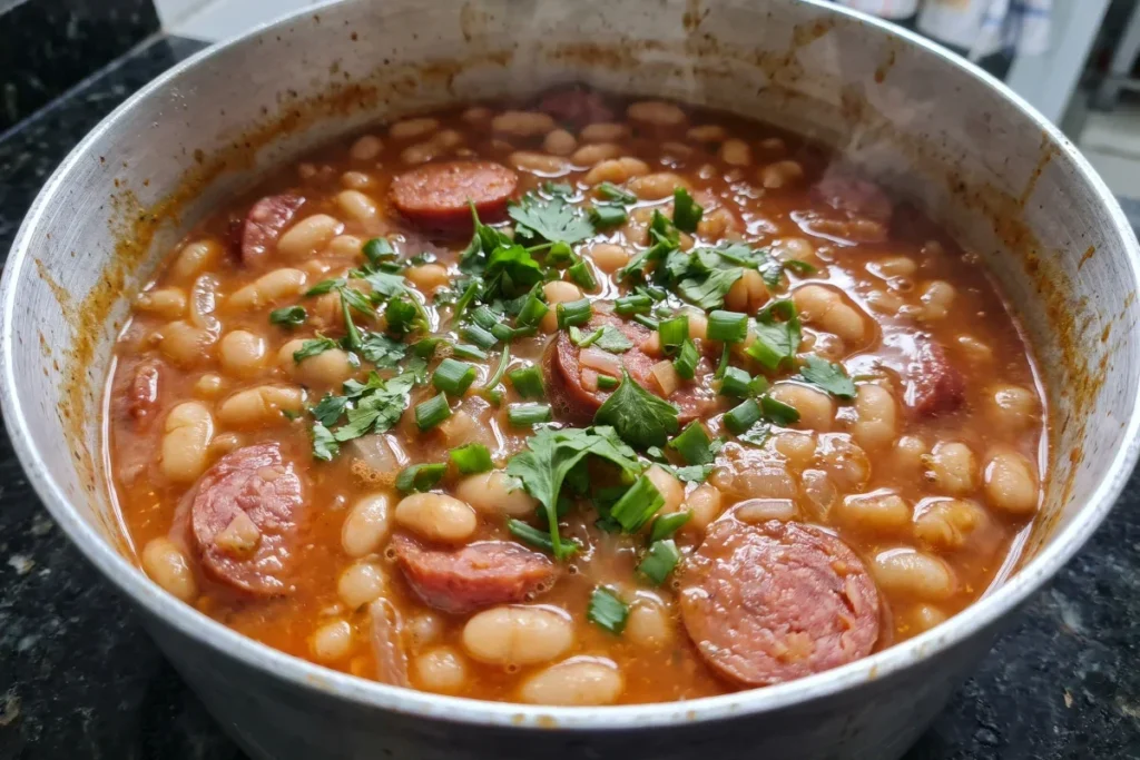Feijão branco com linguiça calabresa, caldo encorpado e temperos frescos em uma panela caseira.