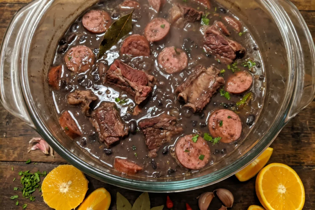 Feijoada brasileira com feijão preto, carnes suculentas e caldo encorpado, servida com arroz branco, couve e farofa.