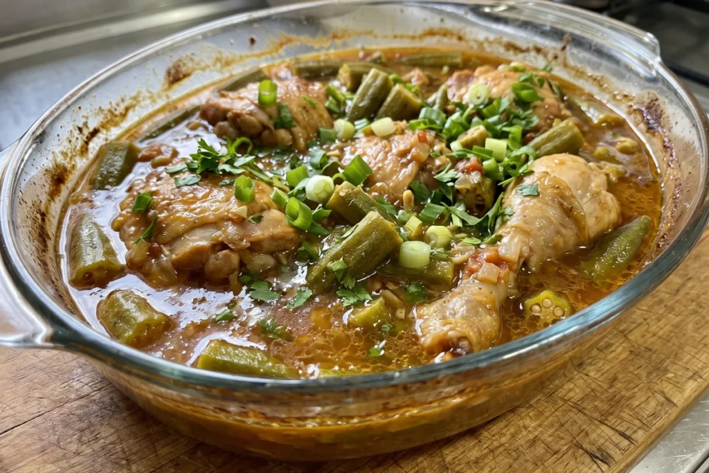 Frango com quiabo à moda mineira, com pedaços de frango dourados, quiabo verdinho e caldo caseiro bem temperado