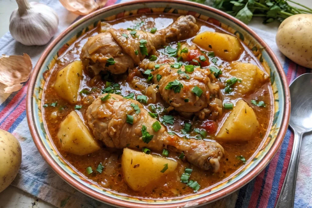 Frango ensopado com batata em pedaços, com caldo caseiro encorpado, cheiro-verde e temperos frescos.