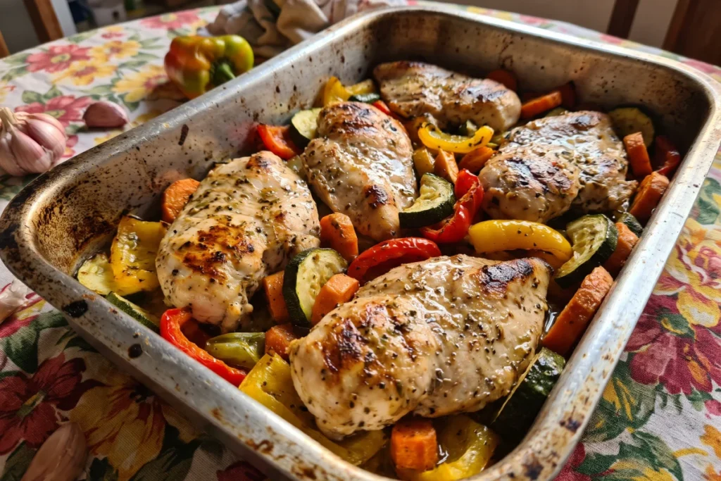 Frango grelhado com legumes, servido com abobrinha, cenoura, brócolis e pimentão temperados.