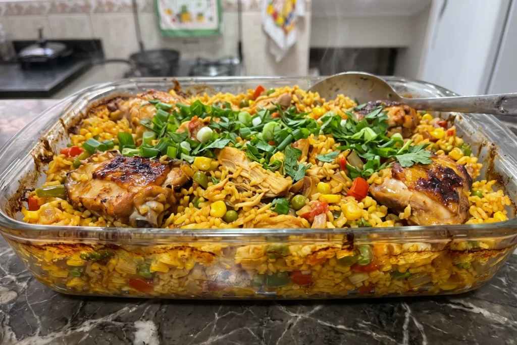 Galinhada mineira com arroz amarelinho, pedaços de frango dourados, cheiro-verde e temperos caseiros.