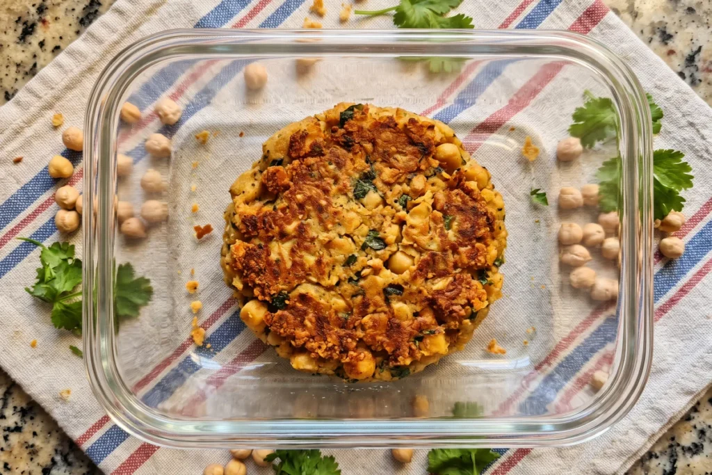 Hambúrguer de grão-de-bico douradinho e crocante, servido no pão com alface, tomate e molho caseiro