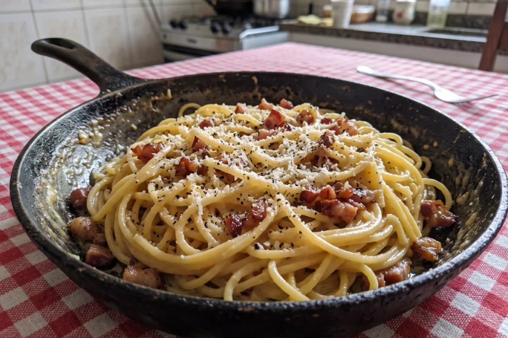 Macarrão à carbonara cremoso servido em prato fundo, com bacon dourado, queijo ralado e pimenta-do-reino
