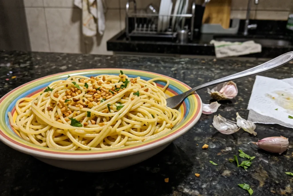 Macarrão alho e óleo soltinho com alho dourado, salsinha fresca e espaguete envolvido em azeite
