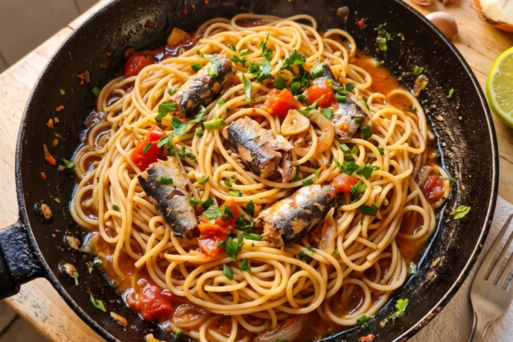 Prato fundo com macarrão com sardinha ao molho de tomate caseiro, finalizado com cheiro-verde fresco picado.