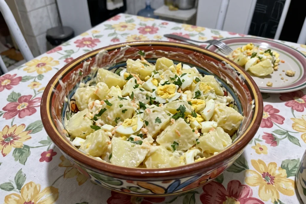 Tigela de vidro com maionese de batata com ovo bem cremosa, decorada com cheiro-verde fresco picado.