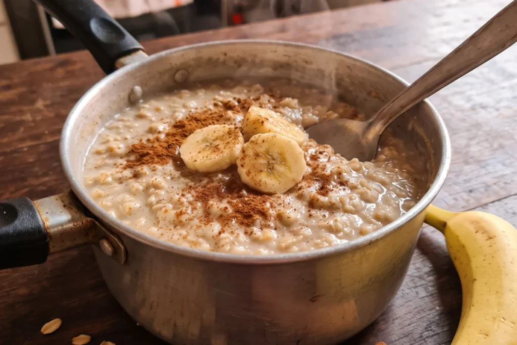 Mingau de aveia cremoso em tigela com rodelas de banana, canela e aveia em flocos por cima