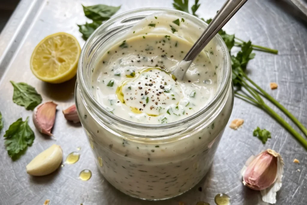 Molho de iogurte para salada cremoso com limão, ervas frescas e temperos em uma tigela de cerâmica