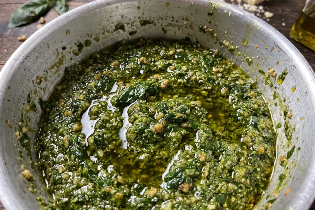 Molho pesto tradicional verde, feito com manjericão fresco e pinoli