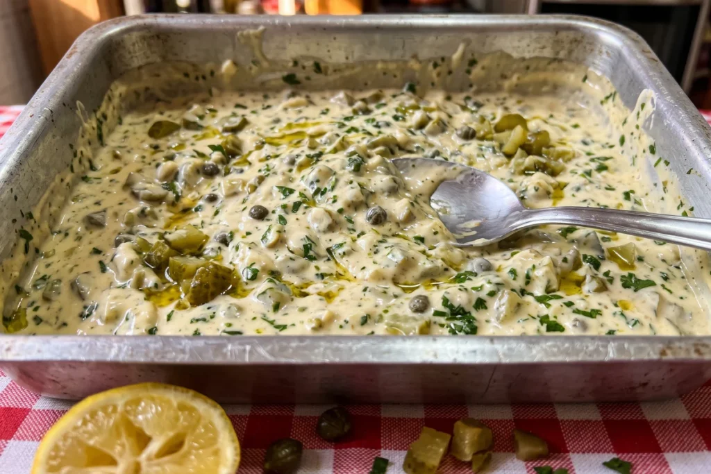 Tigela de cerâmica branca com molho tártaro caseiro cremoso salpicado com salsinha fresca picada e fatias de limão ao lado