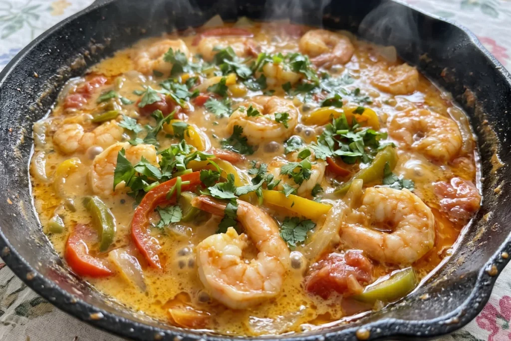 Moqueca de camarão com leite de coco, tomate, pimentão, coentro e azeite de dendê em uma panela.