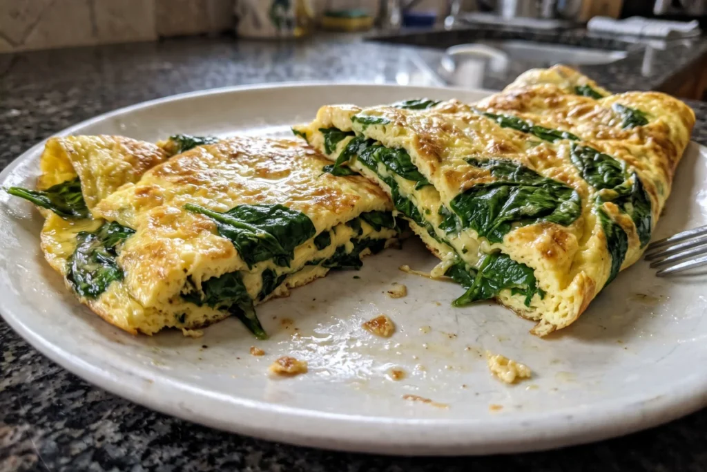 Omelete de espinafre dourada e fofinha, recheada com folhas verdes e queijo derretido.