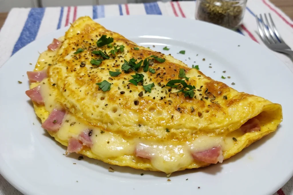 Omelete de queijo e presunto dourada, recheada com queijo derretido e presunto, servida em um prato.