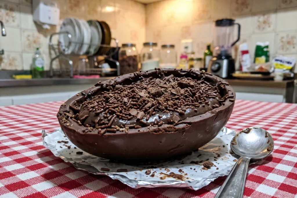 Ovo de Páscoa caseiro de chocolate ao leite, com casquinha brilhante e crocante, feito em molde e pronto para servir.