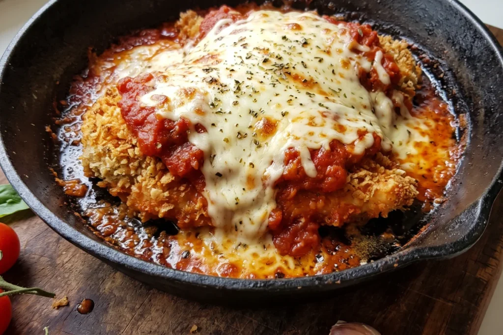 Parmegiana de frango com filés empanados, molho de tomate e queijo derretido gratinado.