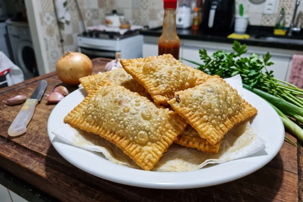 Pastel de carne caseiro dourado e crocante, com recheio de carne moída temperada, servido em uma travessa