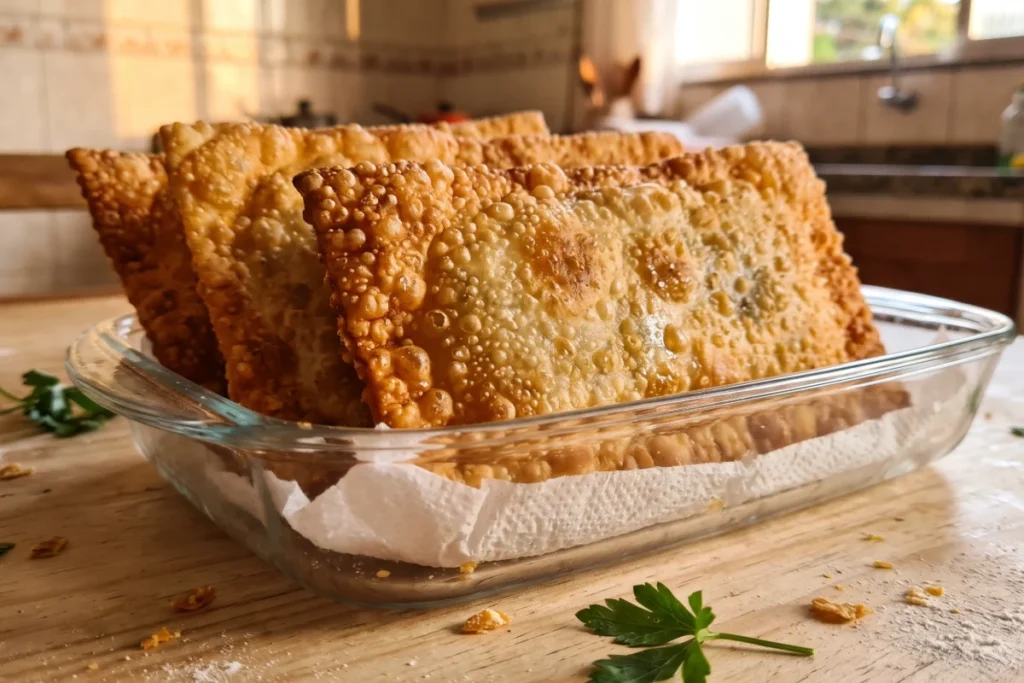 Pastel de feira caseiro dourado e crocante, com bolhas na massa e recheio suculento de carne moída