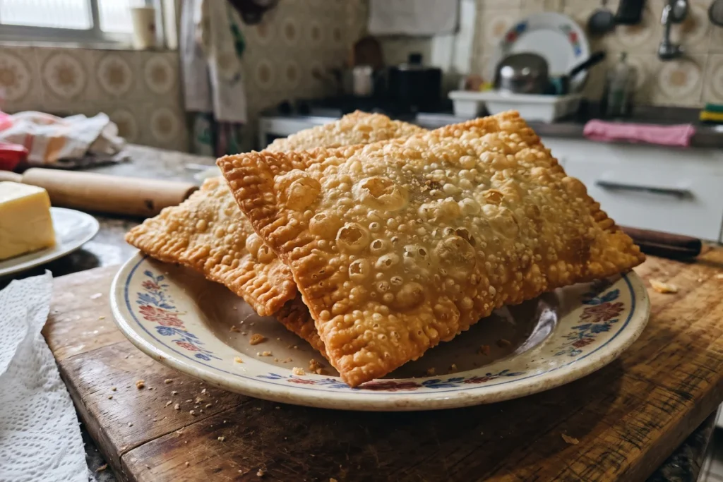 Pastel de queijo crocante e dourado, com massa sequinha e recheio de queijo derretido.