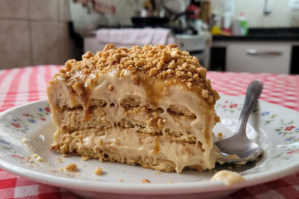 Pavê de amendoim cremoso com camadas de biscoito maisena, creme suave e amendoim triturado por cima.