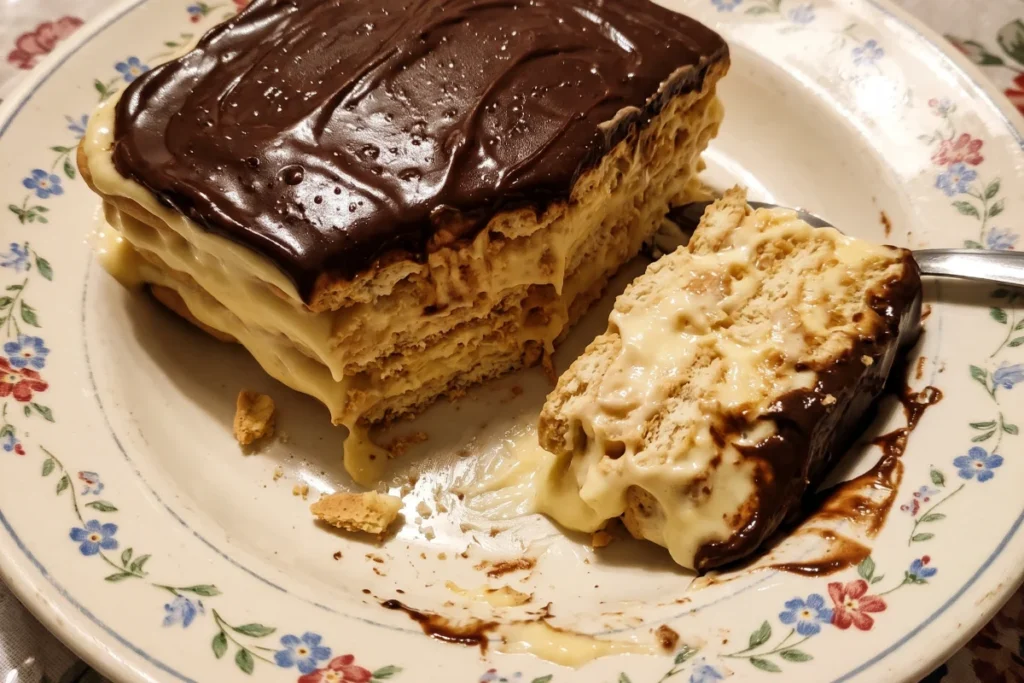 Pavê de biscoito maisena com camadas de creme branco, biscoitos e cobertura de chocolate.