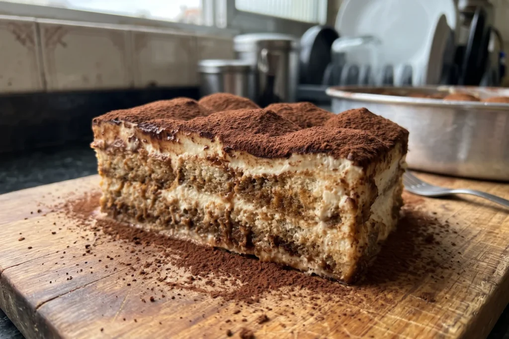 Pavê de chocolate cremoso em travessa, com camadas de biscoito champanhe e cobertura de chocolate granulado