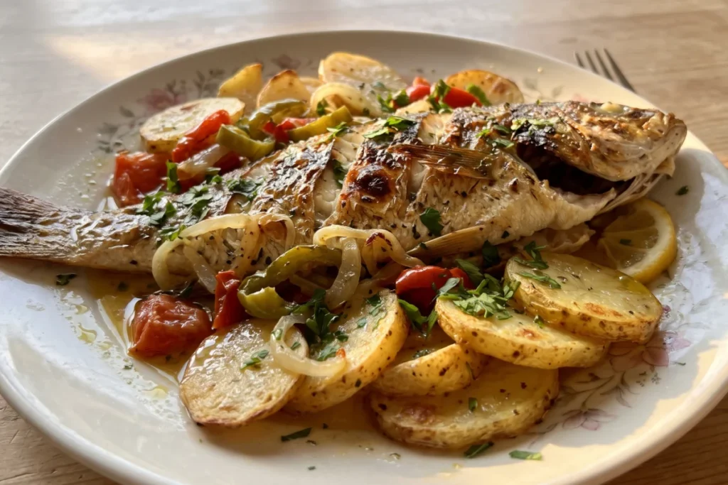 Peixe assado no forno com batatas douradas, rodelas de cebola, limão e ervas frescas em uma travessa.