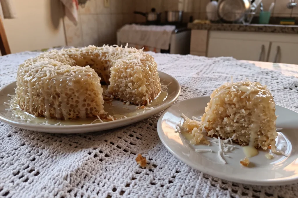 Pudim de tapioca granulada com coco ralado e leite condensado, desenformado em prato branco