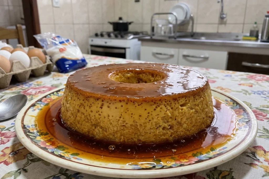 Pudim na air fryer com calda de caramelo dourada, textura cremosa e fatias servidas em um prato branco.