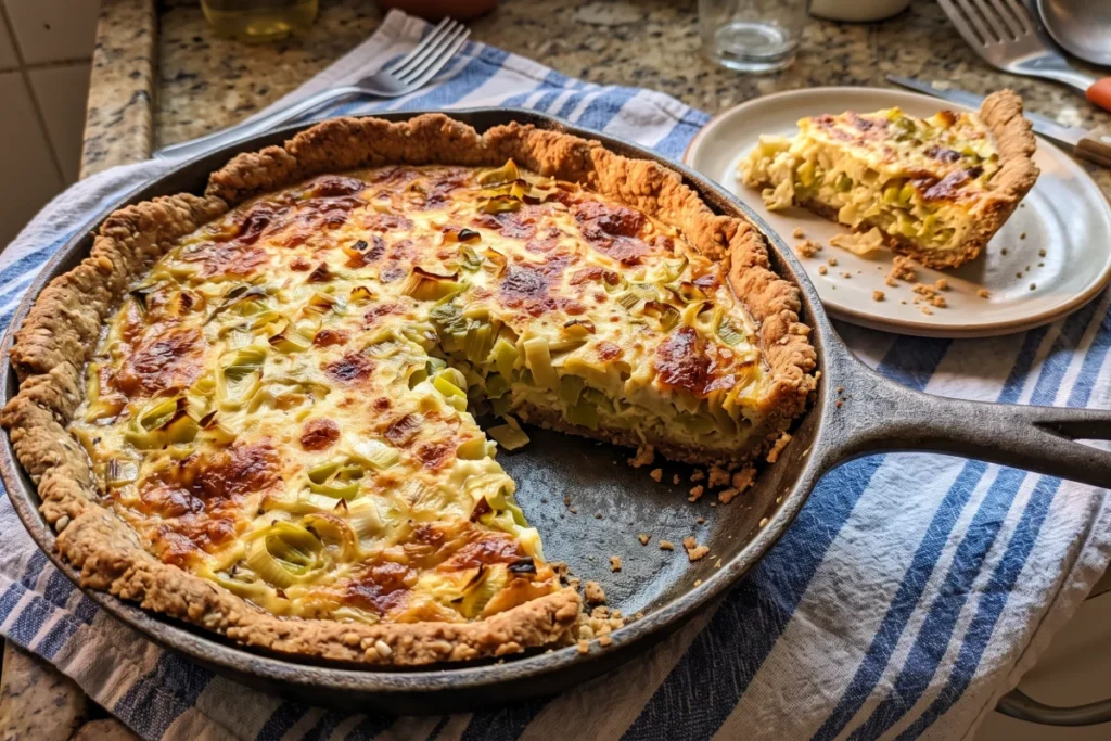 Quiche de alho-poró com massa integral, crocante e cremosa
