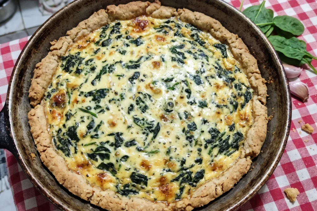 Quiche de espinafre dourada com massa crocante e recheio cremoso de queijo, servida em fatias