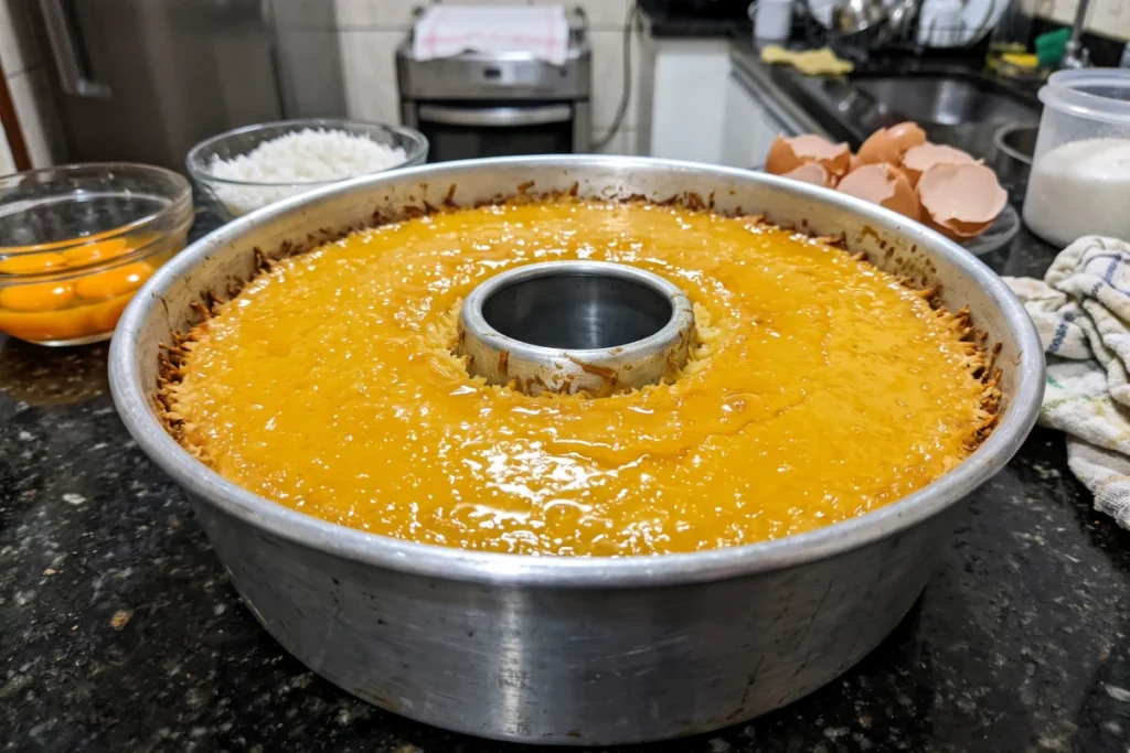 Quindim tradicional com superfície dourada e brilhante, textura cremosa e coco ralado na base.