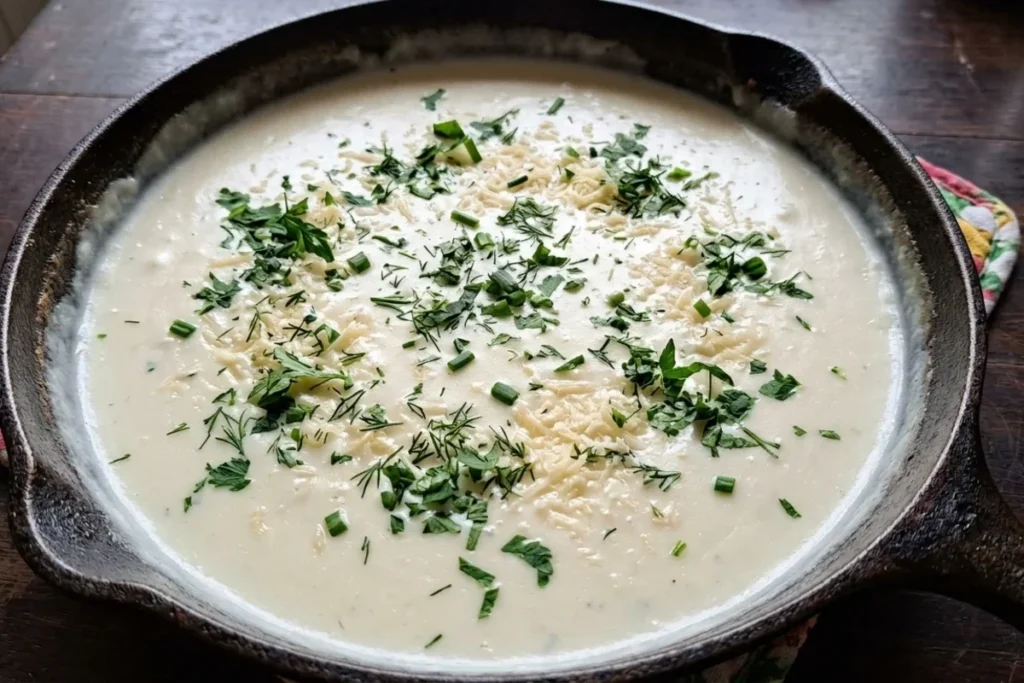 Receita de molho branco cremoso com queijo parmesão, servido em uma panela, pronto para acompanhar massas e lasanhas.