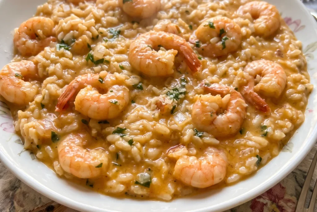 Prato de risoto de camarão cremoso finalizado com camarões dourados e cheiro-verde fresco