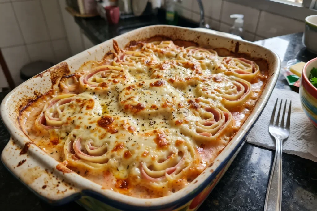 Rondelli de presunto e queijo com molho de tomate, molho branco e queijo gratinado no forno.